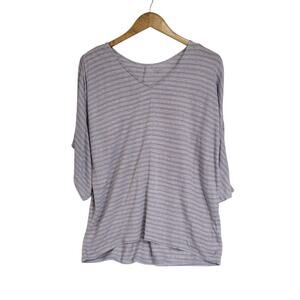 Garnet Hill Gray Striped Linen V-Neck 3/4 Sleeve Shirt Size Medium